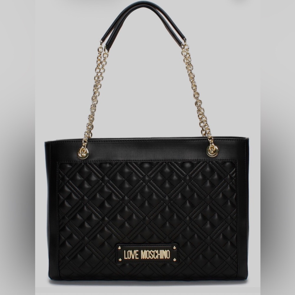 NWT Love Moschino Black Quilted Borsa Shoulder Tote in Black and Gold - Picture 2 of 15